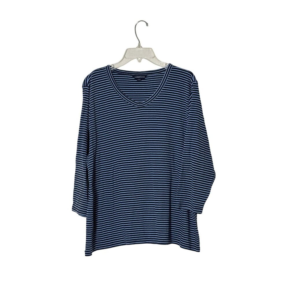 Vintage 90s Land's End Long Sleeve Blue Striped Thermal Tee Shirt Basic Sz 1x